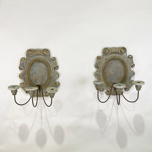 Gustavian Carved & Painted Three Arm Sconces - PAIR