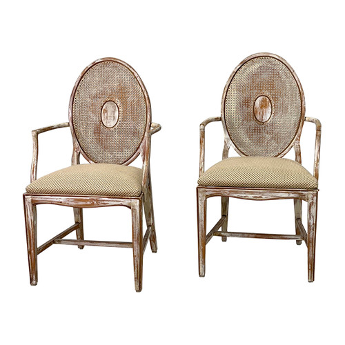 Neoclassical Style Oval Back Cane Armchair - PAIR