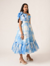 Cloud Print Calf Length Dress With Hair Pin