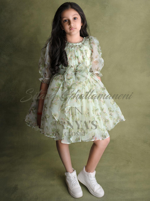 Green Floral Teens Oraganza Dress With Hair Aceesory