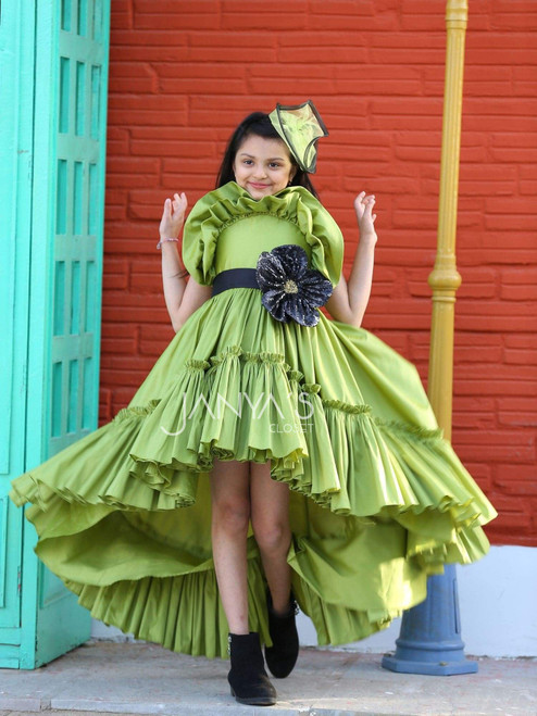 Pistachio Taffeta High-Low Dress With Hair Accessory