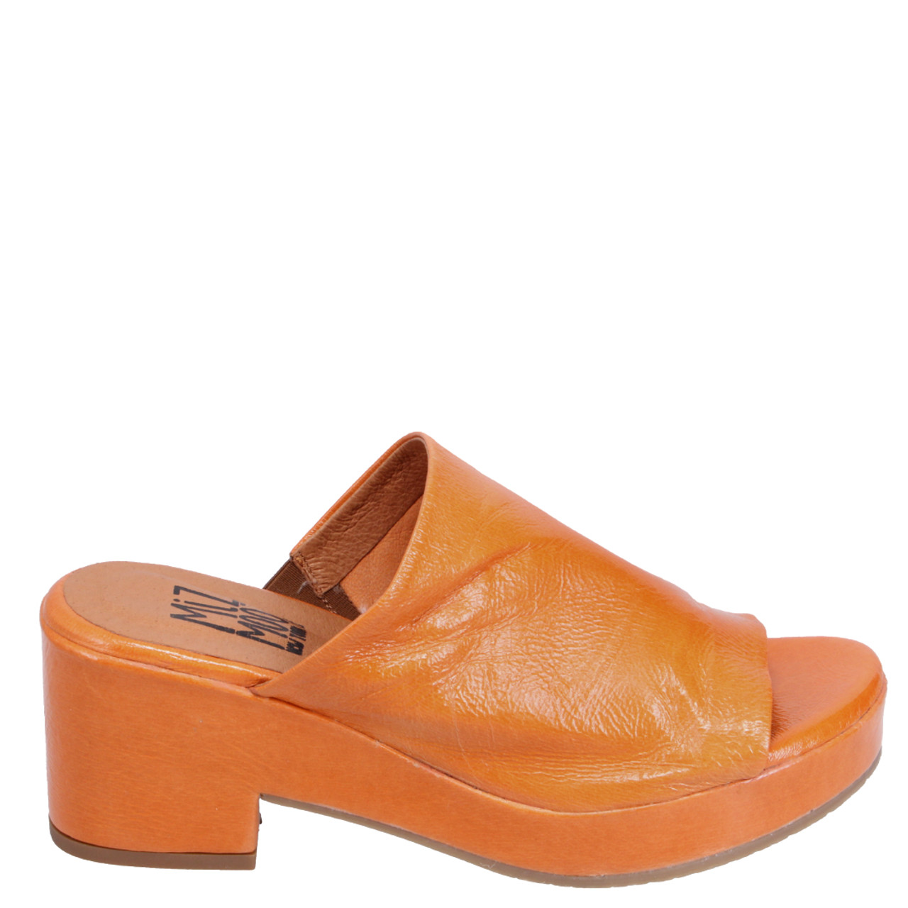 Miz Mooz Gwen Heeled Platform Slides Tangerine Patent