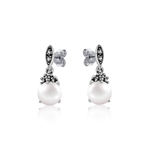 Larus Silver Small Pearl Marcasite Drop Earrings