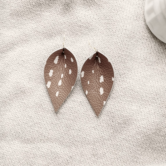 White Birch Small Leather Leaf Earrings Deer Fawn Print
