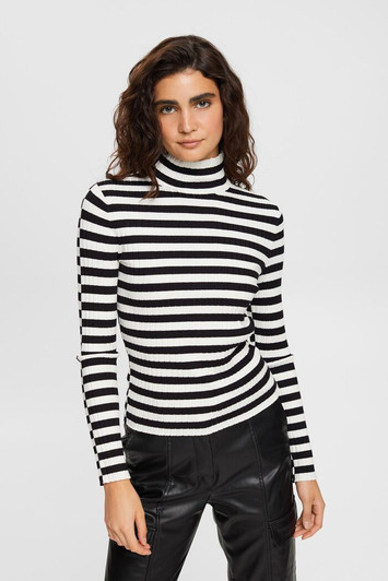 Esprit Ribbed Stand-Up Collar Top Black & White Stripes
