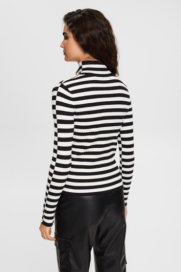 Esprit Ribbed Stand-Up Collar Top Black & White Stripes