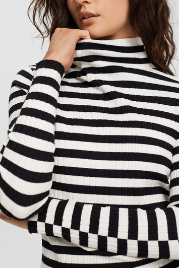 Esprit Ribbed Stand-Up Collar Top Black & White Stripes