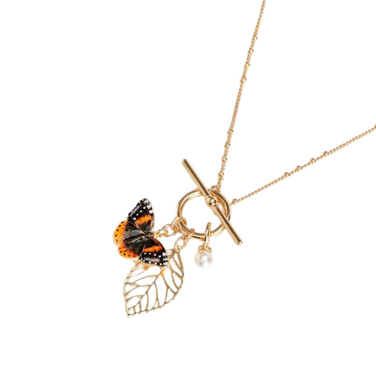 Fable Enamel Red Admiral Butterfly & Leaf Charm Necklace