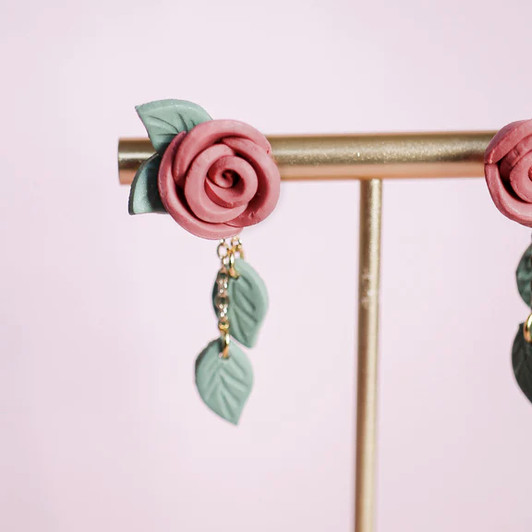 Rose & Clay Rosette Dangle Earrings Deep Rose