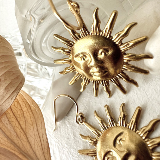Pika & Bear Soleil Sun Face Raw Brass Drop Earrings