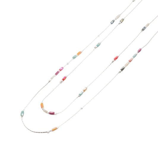 Caracol Long Delicate Bead Necklace Silver & Rainbow