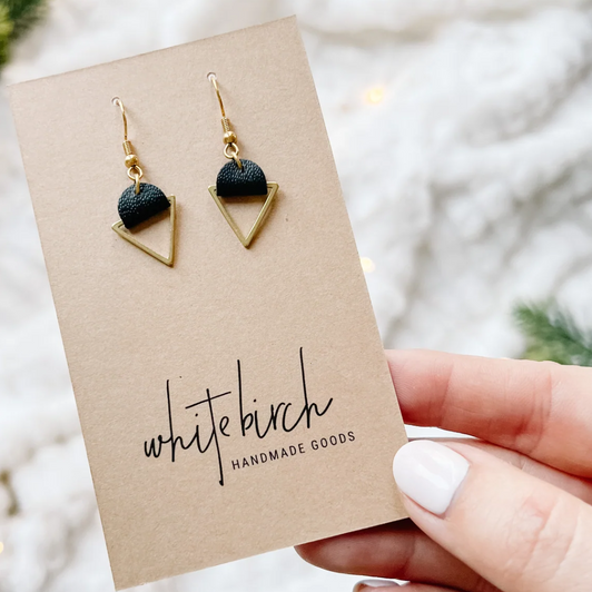 White Birch Leather & Brass Triangle Earrings Black