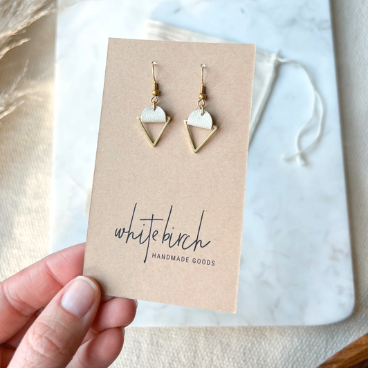 White Birch Leather & Brass Triangle Earrings Cream