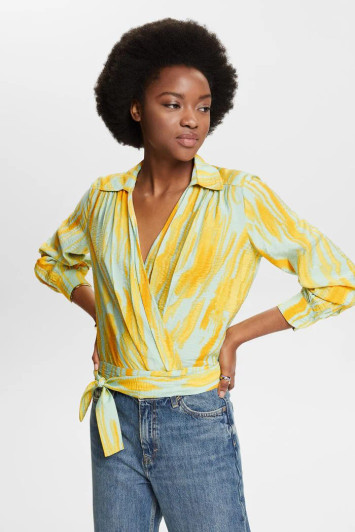 Esprit Printed Crinkled Wrap Blouse Blue & Yellow