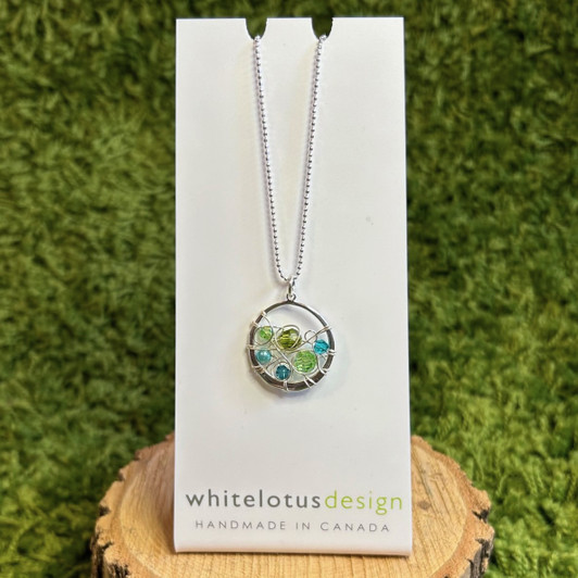 White Lotus High Polish Silver Circular Web Necklace Green & Blue