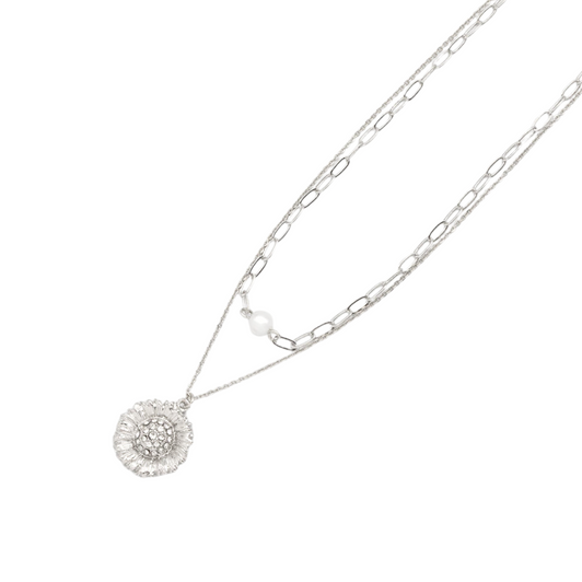 Caracol Layered Pearl & Flower Necklace Silver