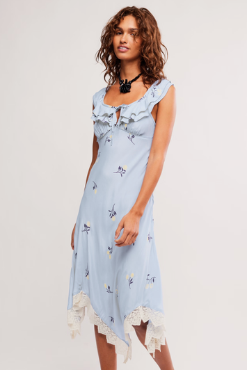 Free People Flock Together Midi Dress Poplin Blue Combo