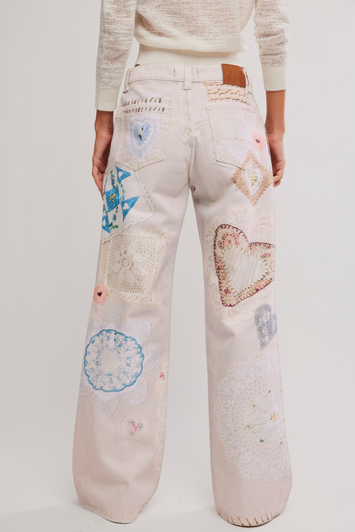 Free People Printed Straight Leg Jeans Heirloom Ivory