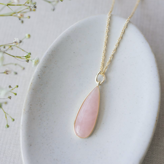 Glee Gold Plated Alara Large Teardrop Necklace Rose Quartz