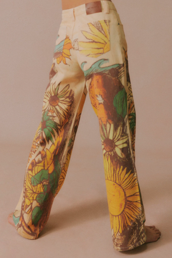 Free People Printed Straight Leg Jeans Beach Scene