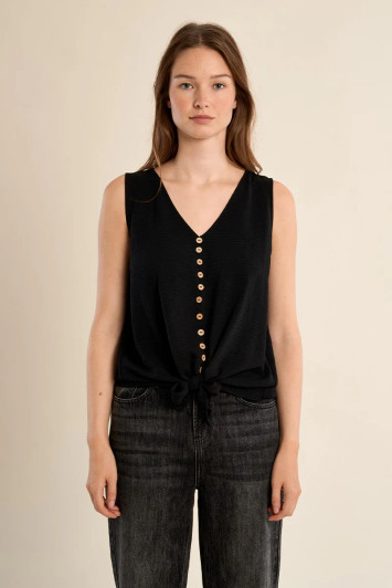 Molly Bracken Knotted Button-Up Tank Top Black