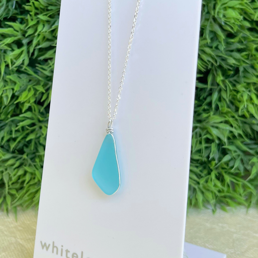 White Lotus Bezel Sea Glass Necklace Aqua
