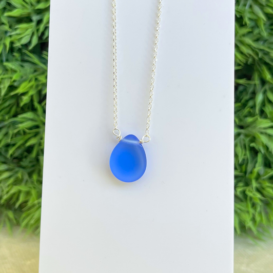White Lotus Sea Glass Teardrop Necklace Bright Blue