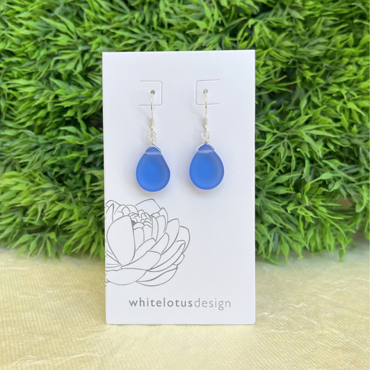 White Lotus Seaglass Teardrop Earrings Bright Blue