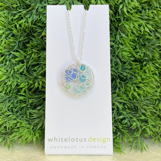 White Lotus Large Silver Web Necklace Blue Sea Glass