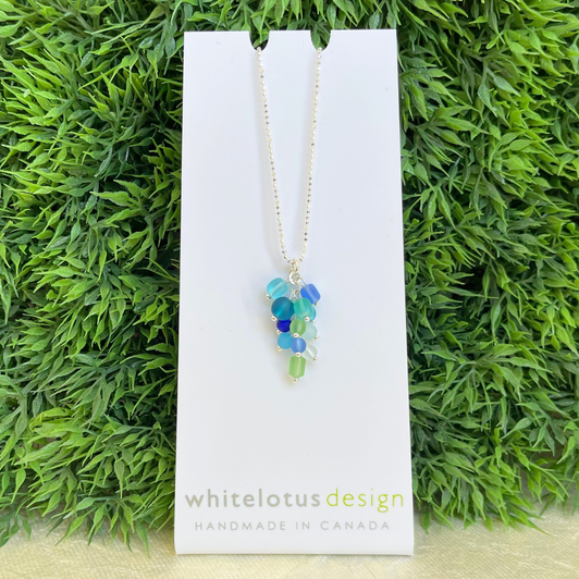 White Lotus Sea Glass Cluster Necklace Blue & Green