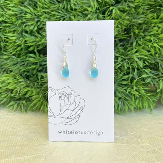White Lotus Tiny Sea Glass Drop Earrings Aqua