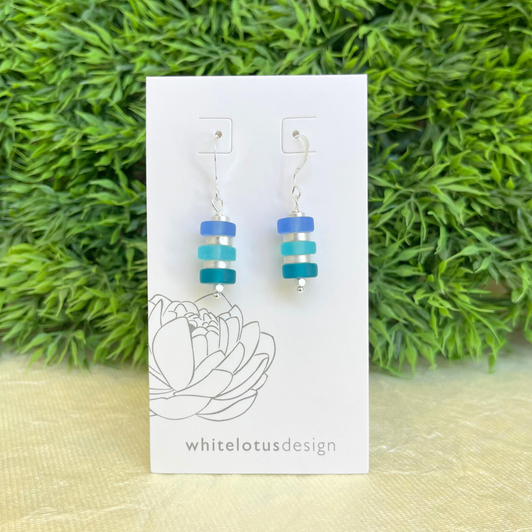 White Lotus Pebble Stack Earrings Blue Sea Glass