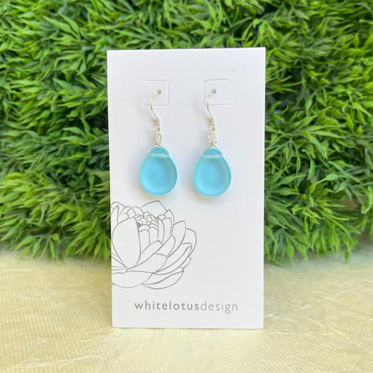 White Lotus Sea Glass Teardrop Earrings Aqua