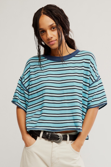 Free People Clean Rugby Tee Crystal Blue Combo