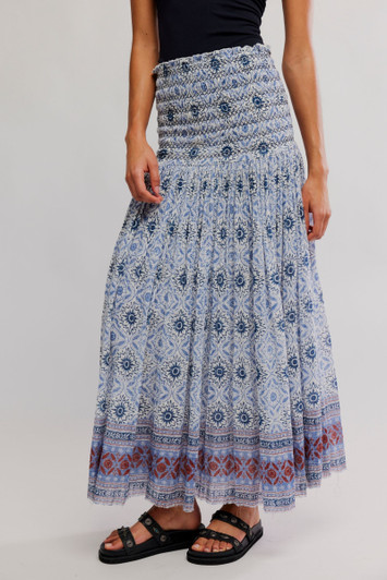 Free People Ravenna Printed Maxi Skirt Bluebird Combo