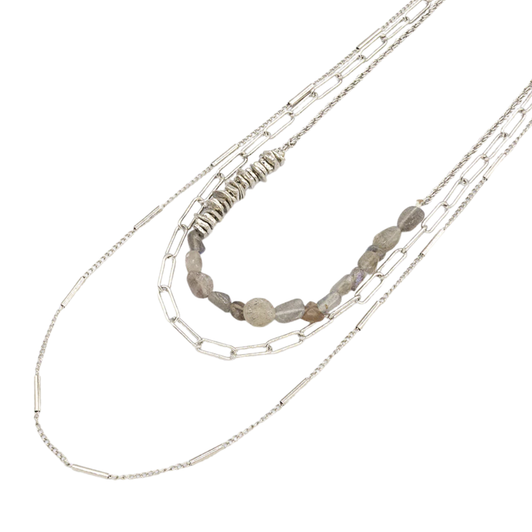 Caracol Triple Chain Layered Natural Stone Necklace Silver