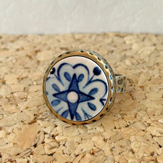 K. Ross Creations Antique China Ring Navy Flower Geo