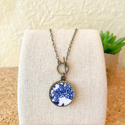 K. Ross Creations Antique China Toggle Necklace Royal Blue Posies