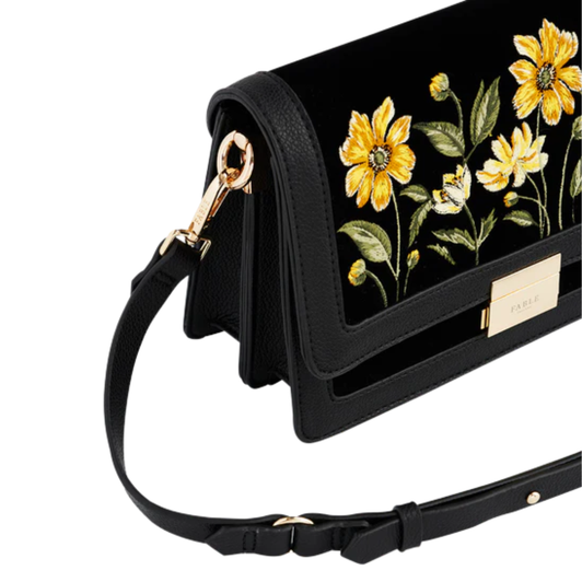 Fable Botanical Embroidered Foldover Bag Black Velvet
