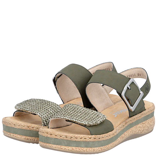 Rieker Rose Weave Pattern Strap Wedges Green
