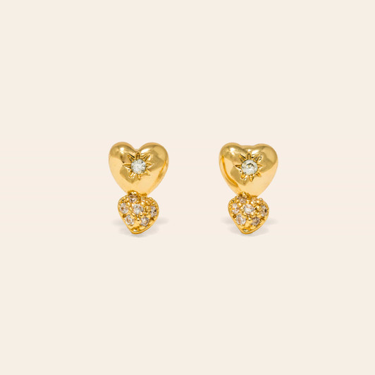 Lover's Tempo Micro Puff Double Heart Studs Gold