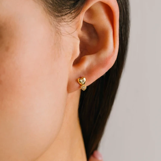 Lover's Tempo Micro Puff Double Heart Studs Gold