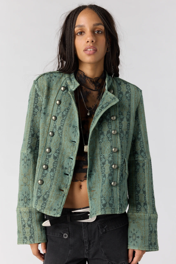 Free People Lotty Jacquard Band Jacket Steel Sea