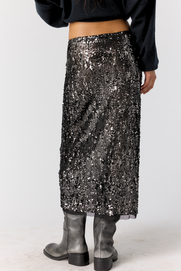 Free People Party Trick Sequin Midi Slip Skirt Gunmetal