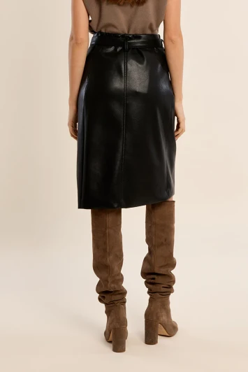 Molly Bracken Faux Leather Midi Skirt Black