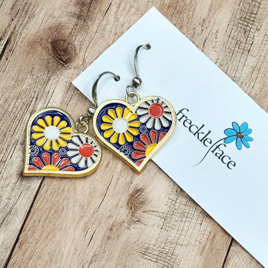 Freckle Face Retro Flower Power Heart Enamel Earrings
