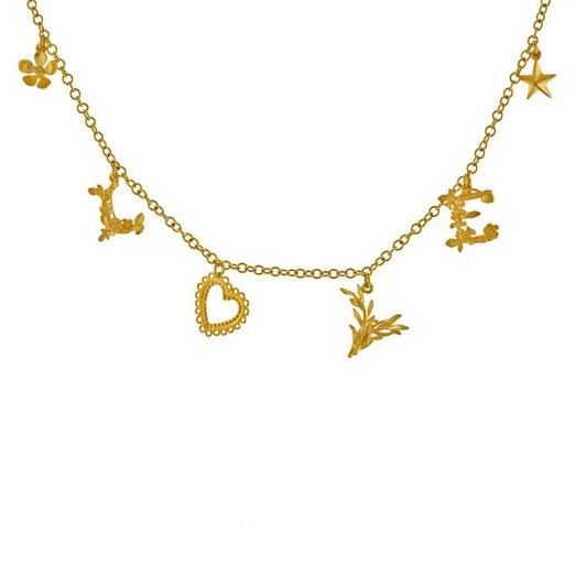 Alex Monroe LOVE Mixed Charm Necklace Gold Plated
