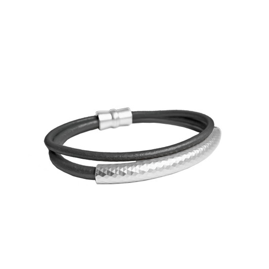 Caracol Double Strand Leather Wrap Bracelet Black & Silver