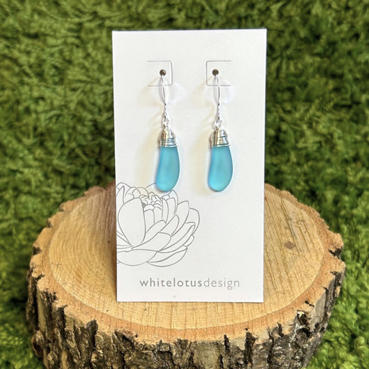 White Lotus Wire Wrapped Solo Seaglass Earrings Aqua