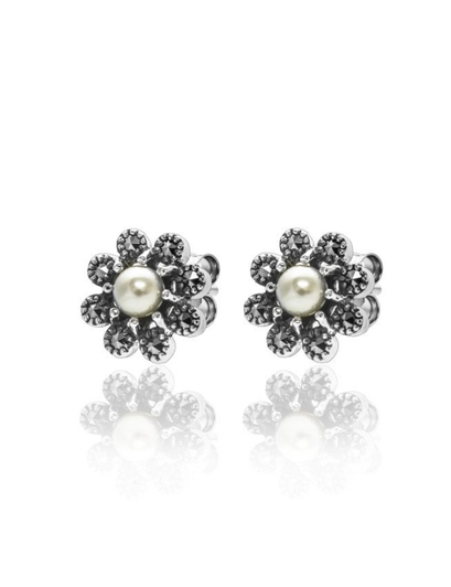 Larus Silver Pearl & Marcasite Flower Studs